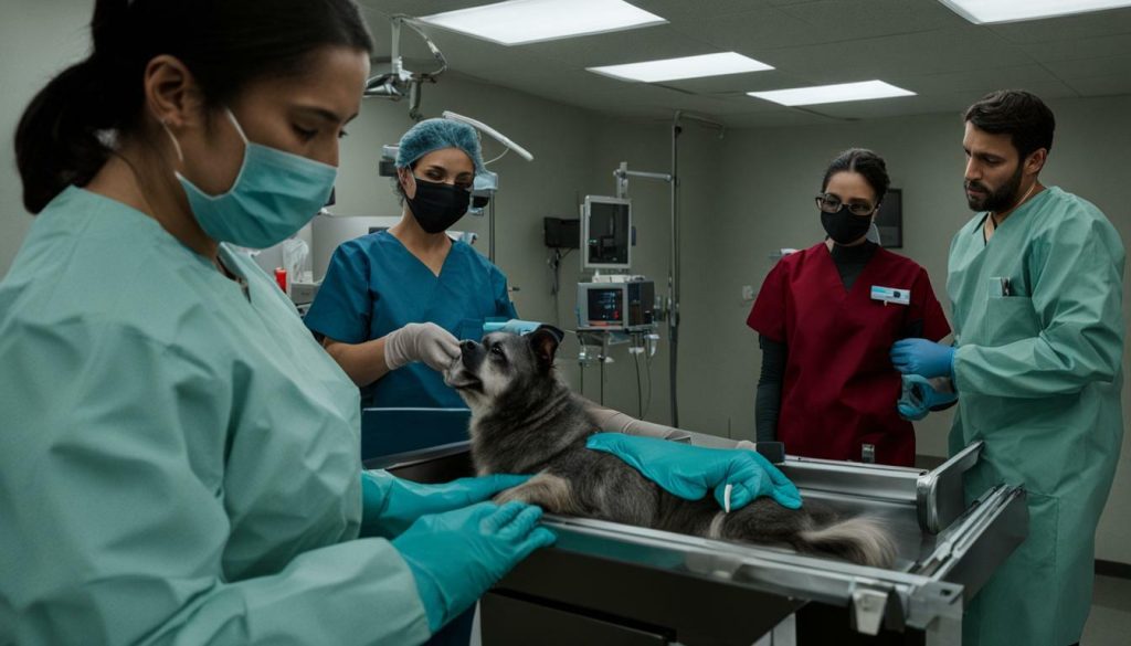 Veterinary technician assisting a veterinarian during a surgical procedure