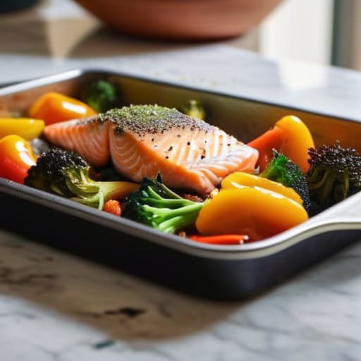 One-Pan Roasted Everything with salmon and vegetables.