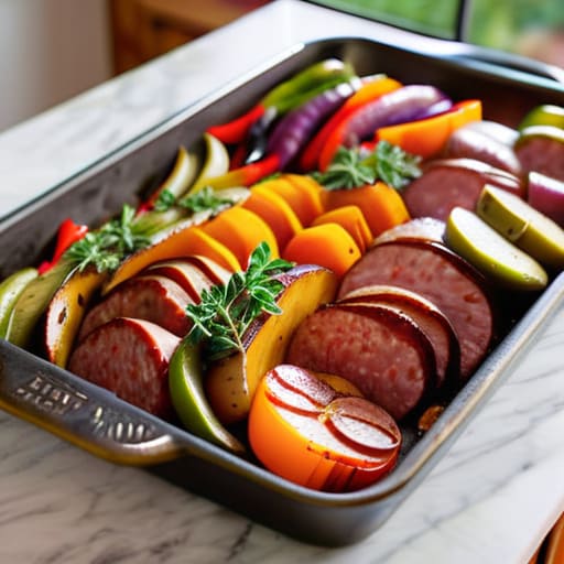 Sheet Pan Sausage and Veggies on baking sheet.