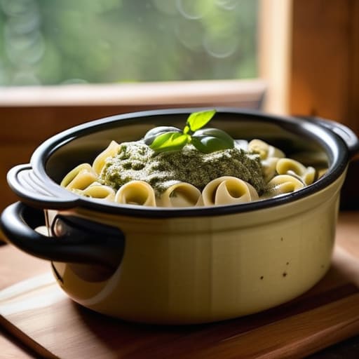 Creamy Pesto Tortellini in a crockpot.