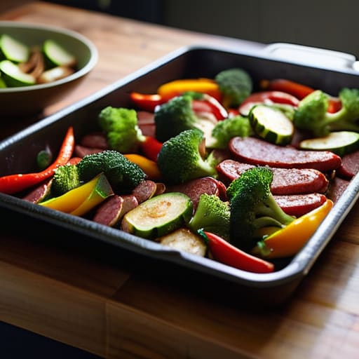 Sheet Pan Sausage and Veggies on tray.