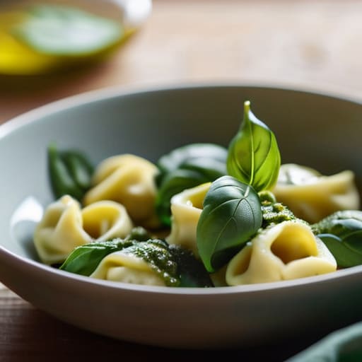 Creamy One-Pan Pesto Tortellini with baby spinach.